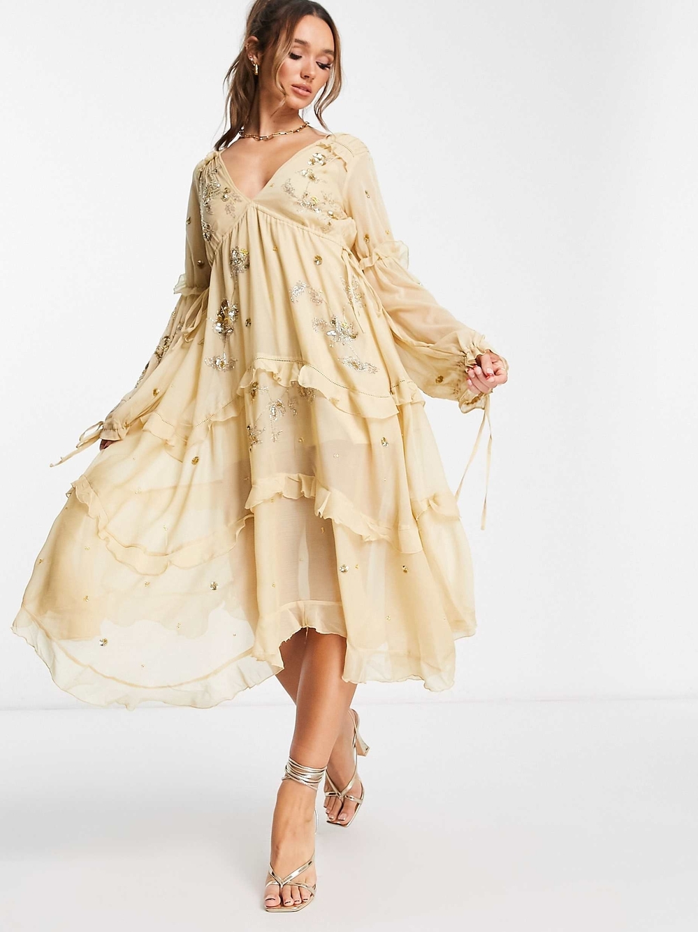 Flowy Embellished V-Neck Midi Dress in Gold
